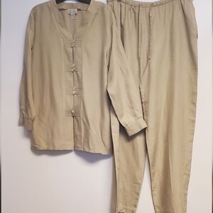 Vintage Anne Carson 2 Pc. Tan Pure Silk Kimono Top Blouse And Pants Set Medium